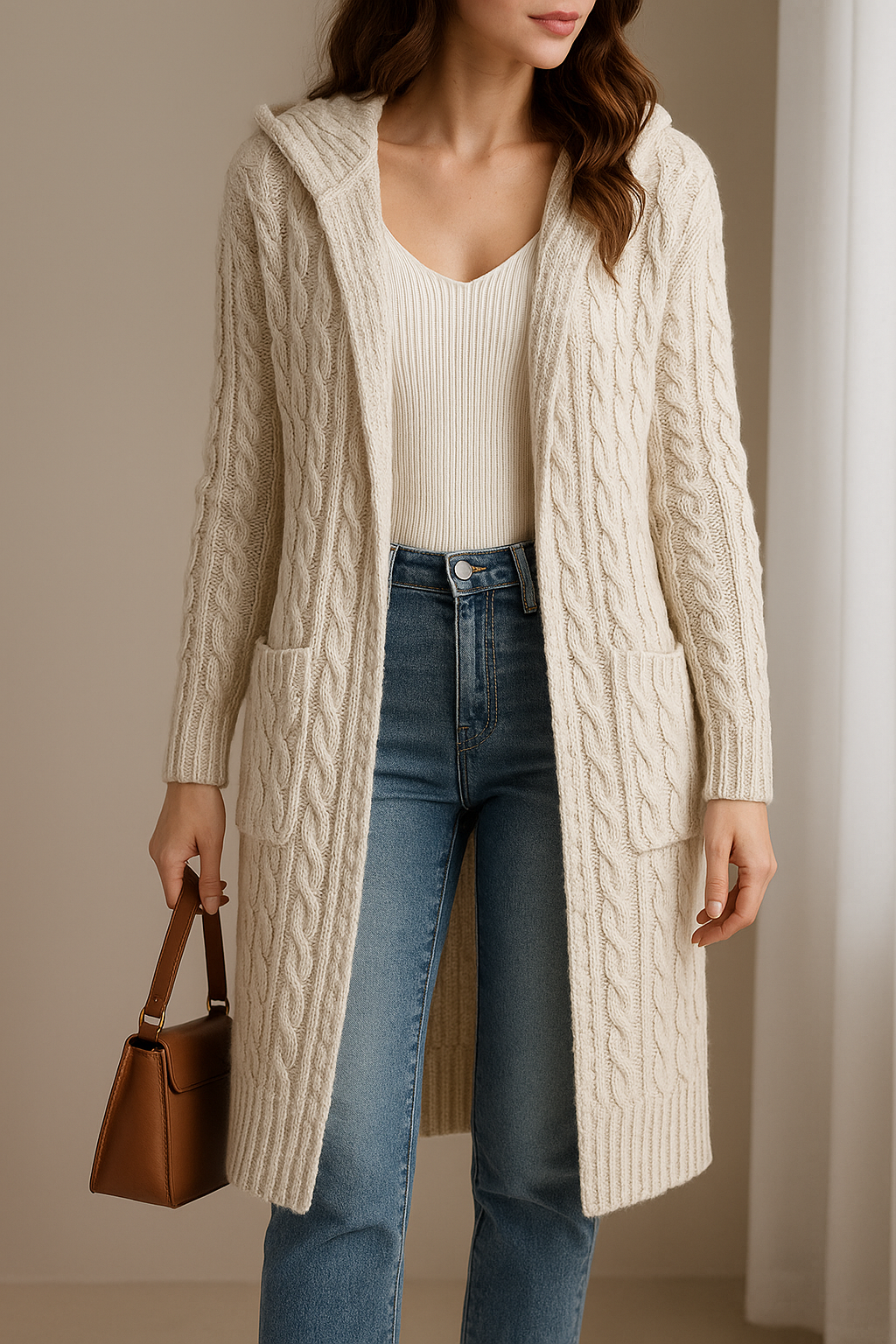 Fleuris – Cardigan Long en Maille avec Capuche