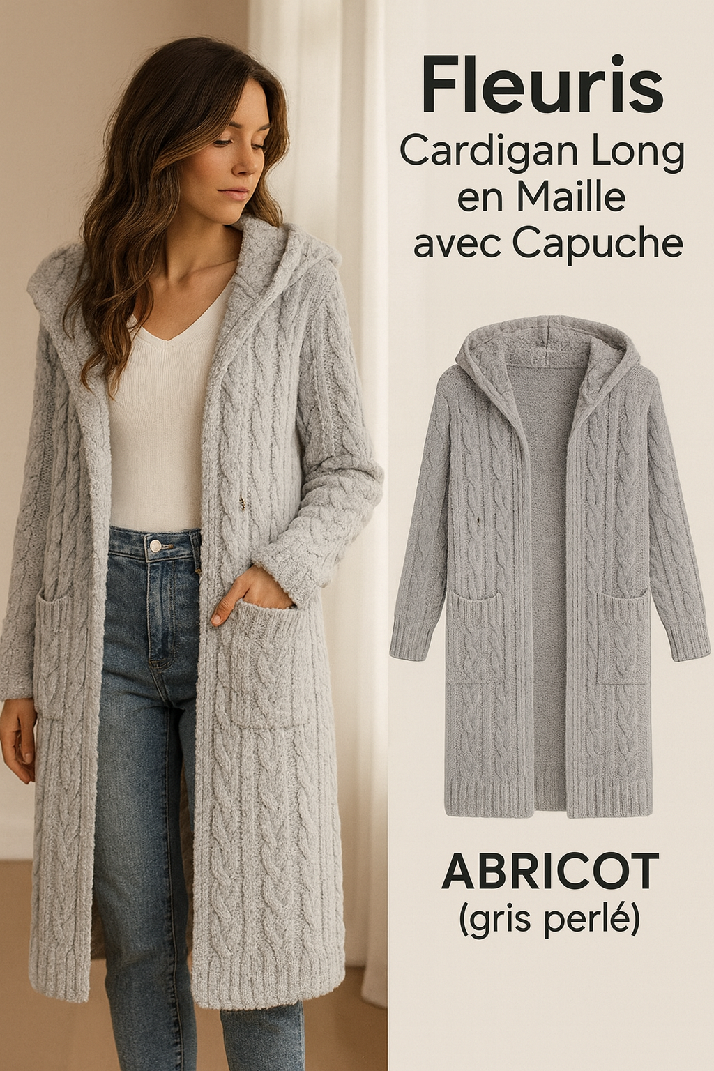 Fleuris – Cardigan Long en Maille avec Capuche