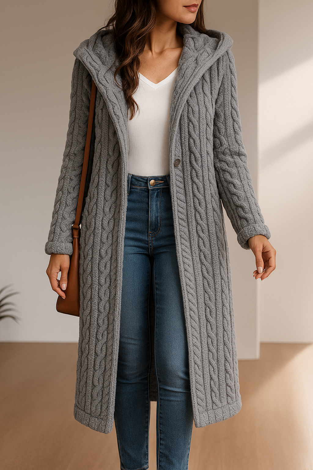 Fleuris – Cardigan Long en Maille avec Capuche
