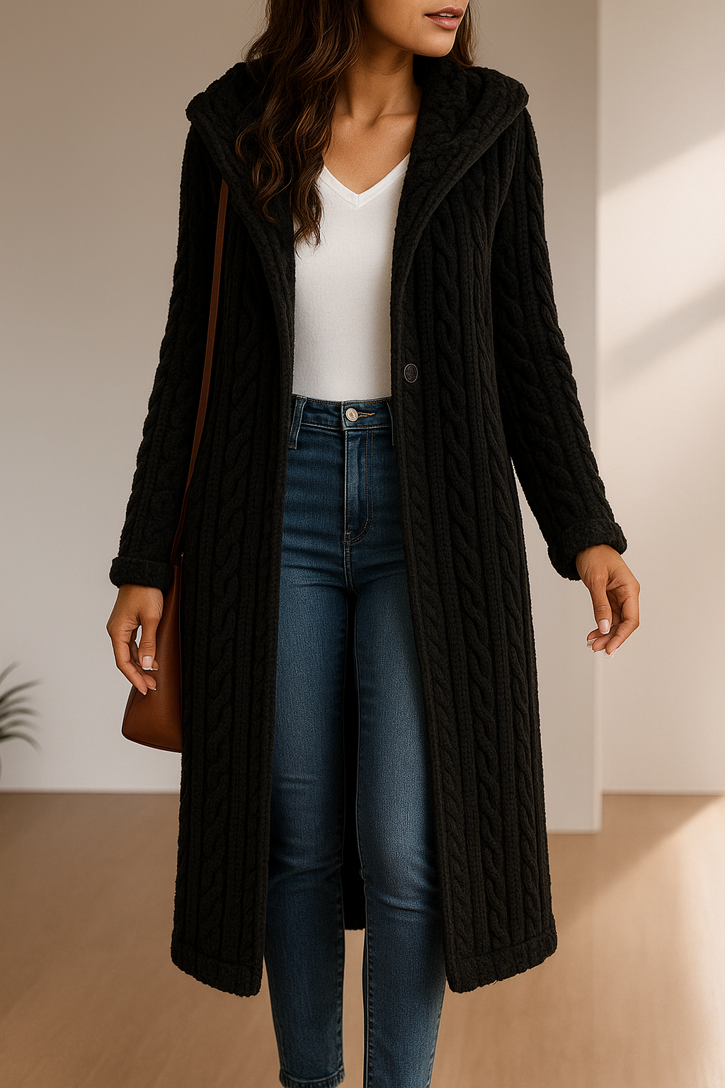 Fleuris – Cardigan Long en Maille avec Capuche