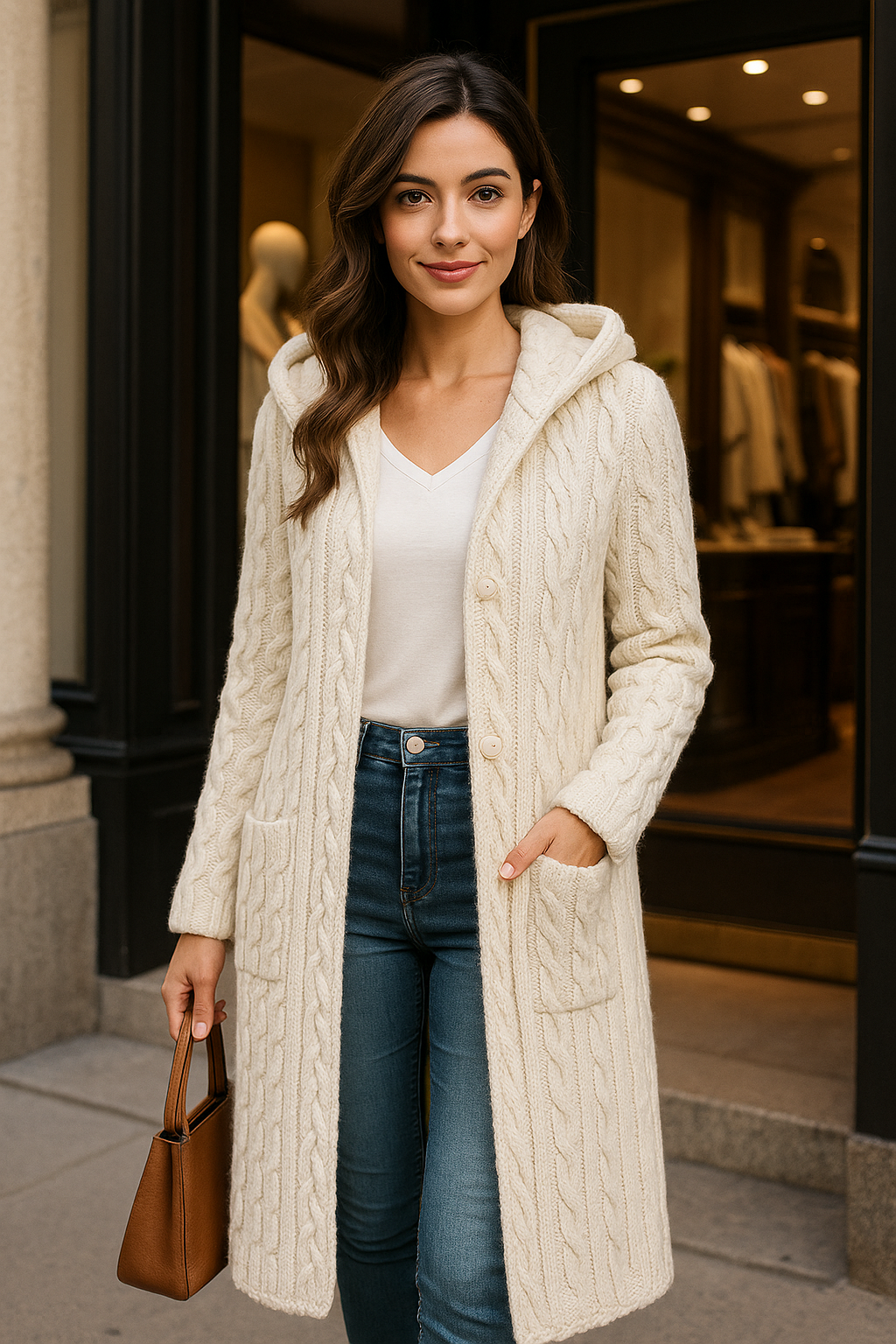 Fleuris – Cardigan Long en Maille avec Capuche